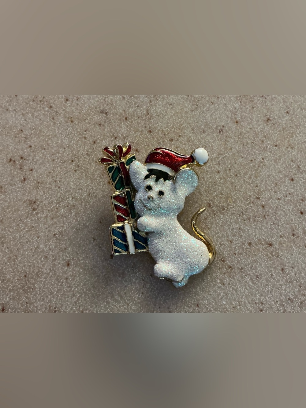 Holiday Mouse Pet Pin - White Glitter with Red Hat